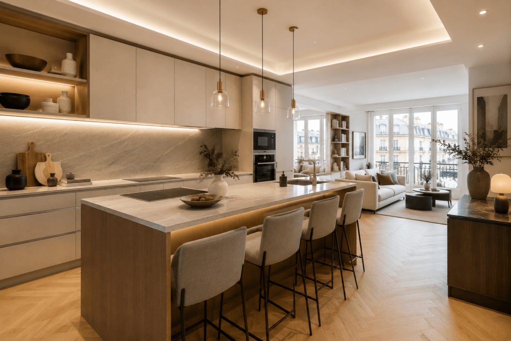 Projet de rénovation appartement Vanves réalisé par N-TERRE Rénovation.
Transformation d’un appartement proche de Paris avec création d’un intérieur contemporain, optimisation des espaces, rénovation cuisine, salle de bain et finitions premium.
N-TERRE accompagne les propriétaires dans leurs projets de rénovation appartement dans les Hauts-de-Seine.