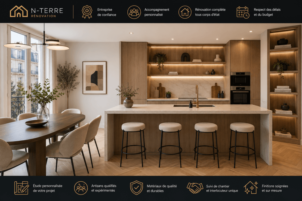 Projet de rénovation appartement La Garenne-Colombes par N-TERRE.Transformation intérieure complète avec création d’une cuisine moderne, optimisation des espaces, choix de matériaux élégants et amélioration du confort quotidien.N-TERRE accompagne les propriétaires dans leurs rénovations d’appartements et maisons dans les Hauts-de-Seine.