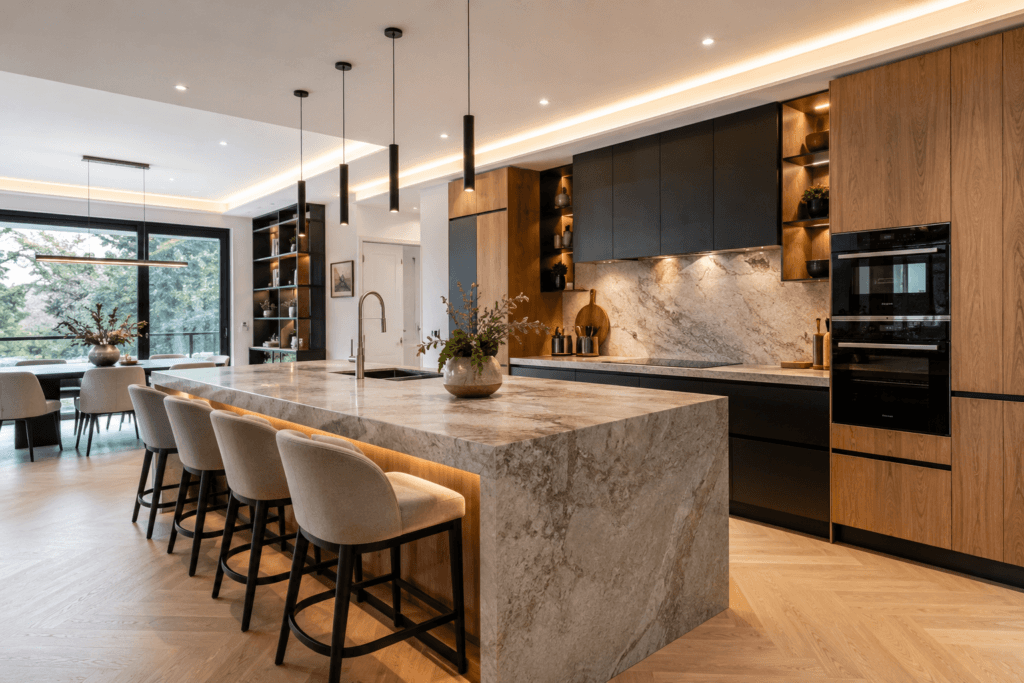 Cuisine familiale haut de gamme

Îlot central

Pierre naturelle

Bois noble

Éclairage architectural
rénovation cuisine Saint-Cloud avec îlot central réalisée par N-TERRE
