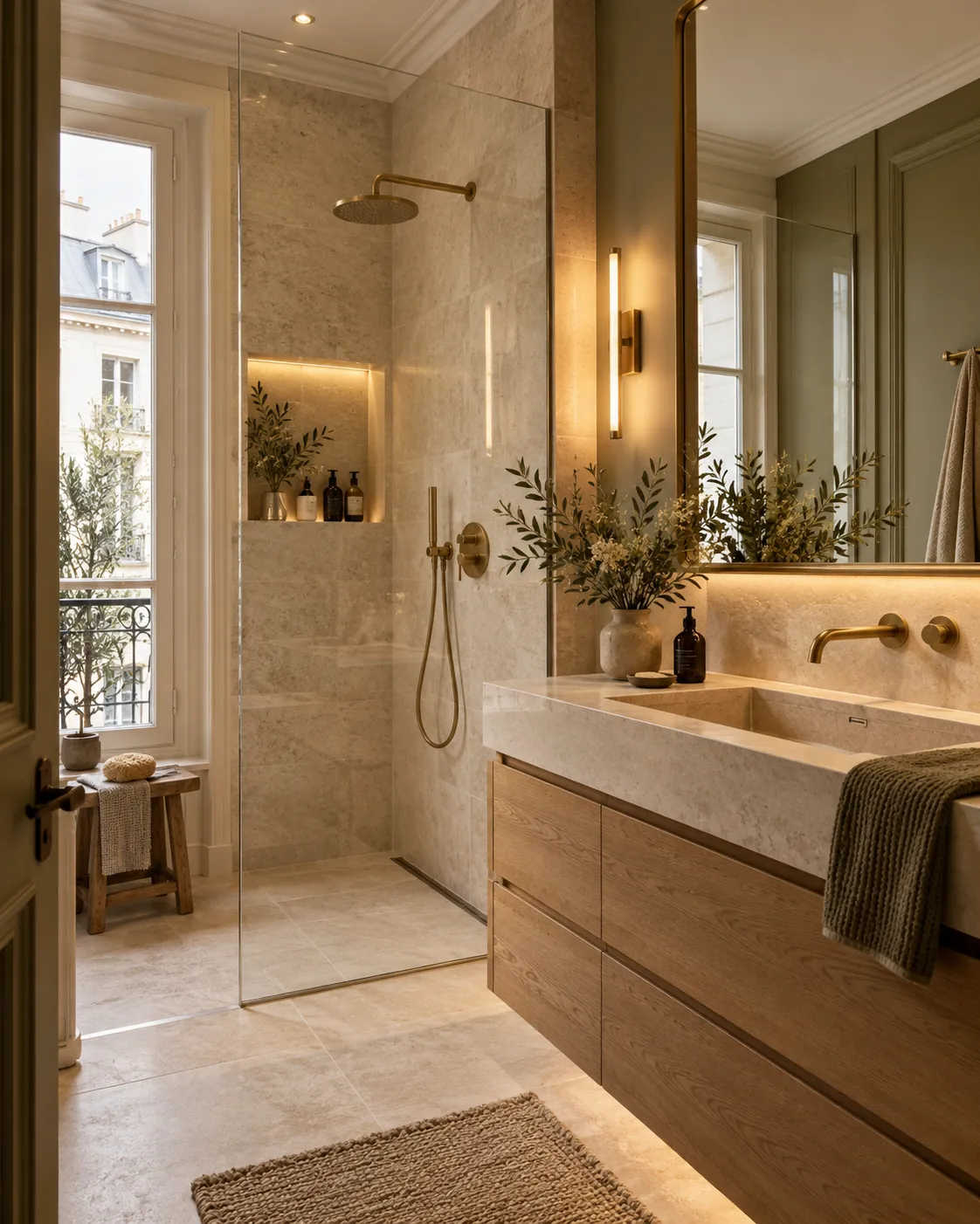Salle de bain contemporaine en pierre claire, visuel d’ambiance illustratif