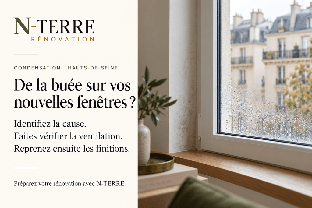 Gouttelettes de condensation sur une fenêtre blanche, avec un message N‑TERRE invitant à rechercher la cause avant de refaire les finitions.