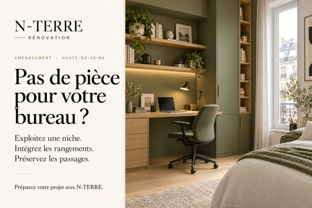 Bureau en bois intégré dans une niche vert olive, avec étagères, rangements et fauteuil près du lit et de la fenêtre.