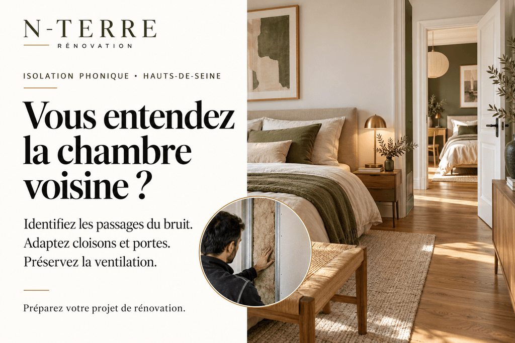 Chambre avec parquet et porte ouverte sur une pièce voisine, avec un détail d’isolation de cloison et des conseils N‑TERRE pour réduire le bruit entre chambres.