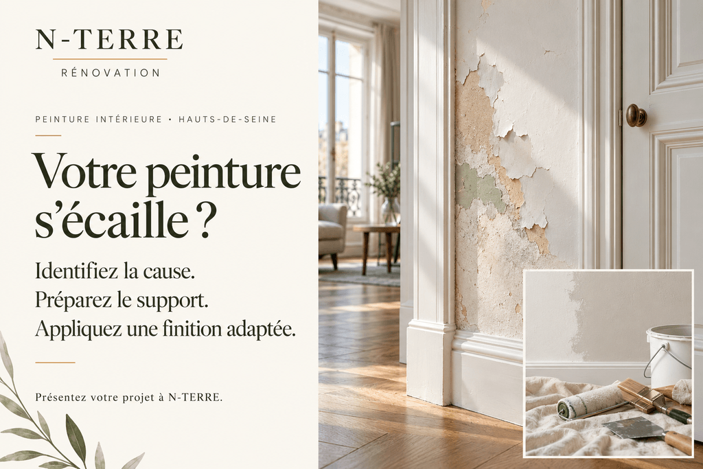 Peinture écaillée sur un mur près d’une porte, avec des outils de préparation et les conseils N‑TERRE avant remise en peinture