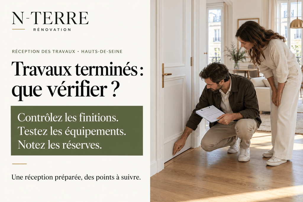 Professionnel et propriétaire vérifiant les finitions près d’une porte dans un appartement rénové, avec une checklist de réception N‑TERRE.