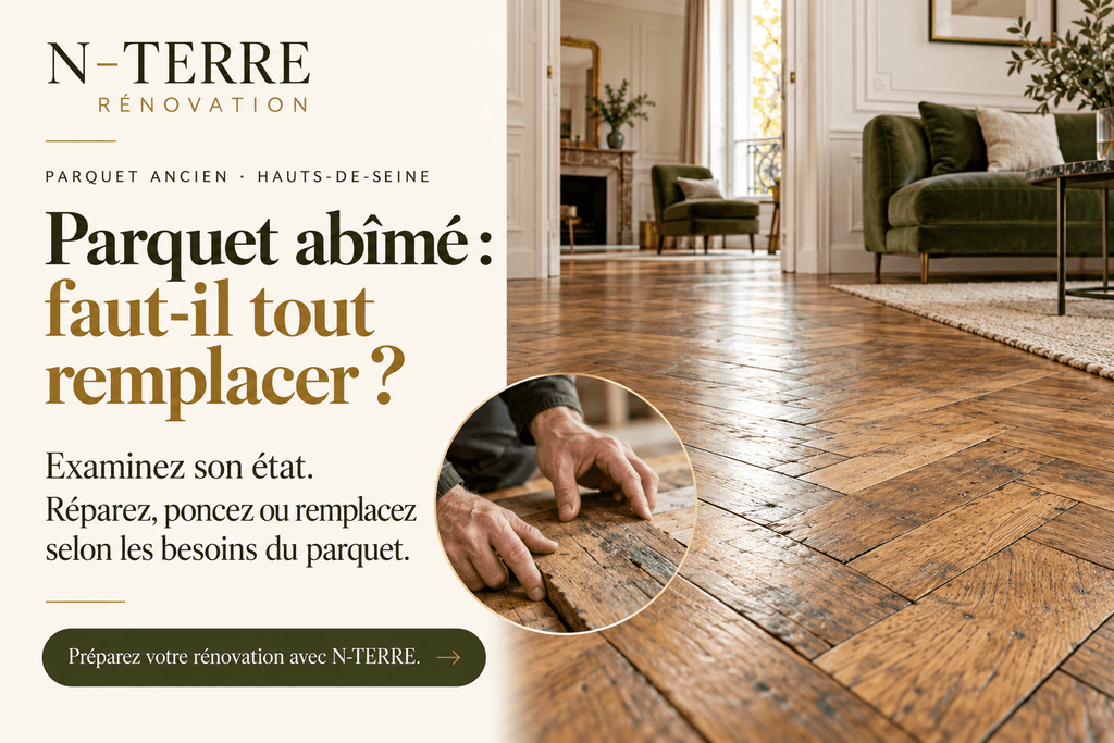 Parquet ancien en point de Hongrie dans un salon, avec un détail de mains examinant les lames et des conseils de rénovation N‑TERRE.
